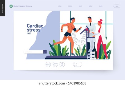 Medical tests template - cardiac stress test -modern flat vector concept digital illustration of stress test procedure -patient with sensors on treadmill and doctors carrying out procedure, laboratory