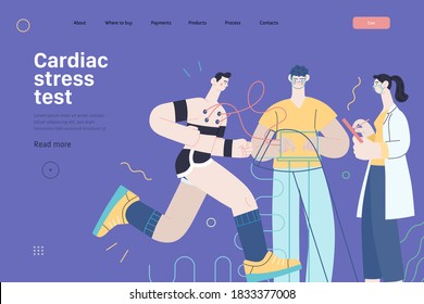 Medical tests template - cardiac stress test -modern flat vector concept digital illustration of stress test procedure -patient with sensors on treadmill and doctors carrying out procedure, laboratory