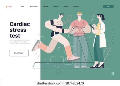 Medical tests template - cardiac stress test -modern flat vector concept digital illustration of stress test procedure -patient with sensors on treadmill and doctors carrying out procedure, laboratory