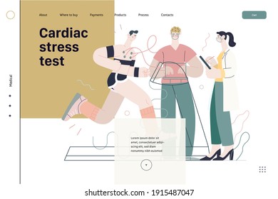 Medical tests template - cardiac stress test -modern flat vector concept digital illustration of stress test procedure -patient with sensors on treadmill and doctors carrying out procedure, laboratory