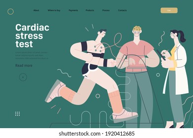 Medical tests template - cardiac stress test -modern flat vector concept digital illustration of stress test procedure -patient with sensors on treadmill and doctors carrying out procedure, laboratory