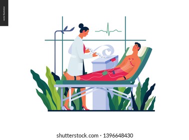 Medical tests template -ECG test -modern flat vector concept digital illustration of electrocardiography procedure -patient with sensors and doctor carrying out procedure, medical office or laboratory