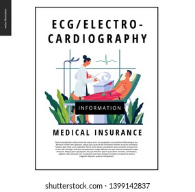 Medical tests template -ECG test -modern flat vector concept digital illustration of electrocardiography procedure -patient with sensors and doctor carrying out procedure, medical office or laboratory