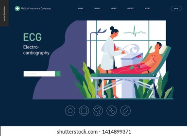Medical tests template -ECG test -modern flat vector concept digital illustration of electrocardiography procedure -patient with sensors and doctor carrying out procedure, medical office or laboratory