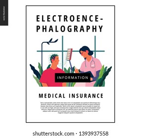 Medical tests template - EEG - electroencephalography - modern flat vector concept digital illustration of encephalography procedure - a patient with head electrodes and doctor in medical office