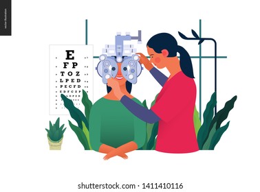 Medical tests template - eye tests and prescription glasses -modern flat vector concept digital illustration of eye test procedure -a female patient and a doctors with phoropter, ophthalmologic office