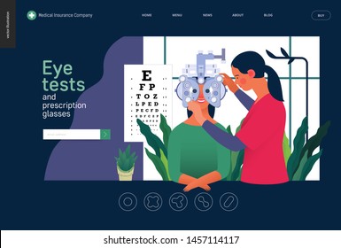 Medical tests template - eye tests and prescription glasses -modern flat vector concept digital illustration of eye test procedure -a female patient and a doctors with phoropter, ophthalmologic office