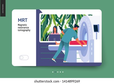 Medical tests template - MRT - magnetic resonance tomography - modern flat vector concept digital illustration of MRI procedure - a patient in the scanner and doctor, medical office or laboratory