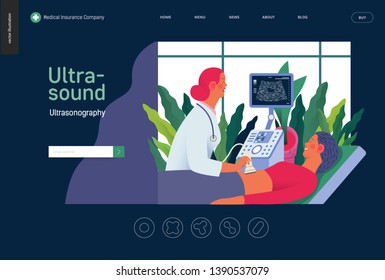 Medical tests template - ultrasound - modern flat vector concept digital illustration of ultrasonography procedure -doctor examining patient pregnant woman with scanner, medical office or laboratory