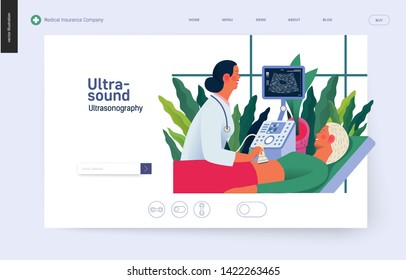 Medical tests template - ultrasound - modern flat vector concept digital illustration of ultrasonography procedure -doctor examing patient pregnant woman with scanner, medical office or laboratory