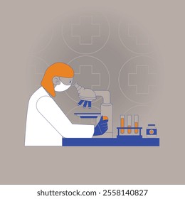 Medical tests template. woman laboratory assistance with microscope, medical office or laboratory