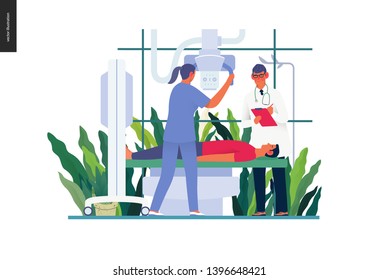 Medical tests template - x-ray test - modern flat vector concept digital illustration of x-ray procedure - a patient and doctors with a x-ray machine, medical office or laboratory