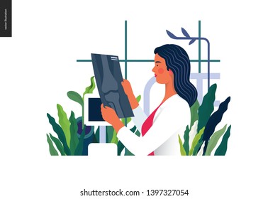 Medical tests template - x-ray test - modern flat vector concept digital illustration of x-ray image - a doctor looking at the radiograph in the medical office or laboratory.