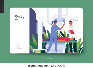 Medical tests template - x-ray test - modern flat vector concept digital illustration of x-ray procedure - a patient and doctors with a x-ray machine, medical office or laboratory