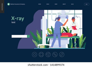 Medical tests template - x-ray test - modern flat vector concept digital illustration of a patient and doctors with a x-ray machine, medical office or laboratory