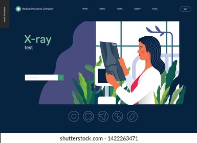 Plantilla de pruebas médicas - prueba de rayos X - concepto moderno de vector plano ilustración digital de la imagen de rayos X - un médico que observa la radiografía , en el consultorio médico o laboratorio
