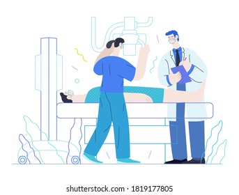 Plantilla de análisis médicos - prueba de rayos X - moderna ilustración digital del concepto de vector plano del procedimiento de rayos X - un paciente y médicos con una máquina de rayos X, un consultorio médico o un laboratorio