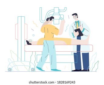 Medical tests template - x-ray test - modern flat vector concept digital illustration of x-ray procedure - a patient and doctors with a x-ray machine, medical office or laboratory