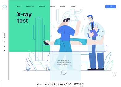 Medical tests template - x-ray test - modern flat vector concept digital illustration of x-ray procedure - a patient and doctors with a x-ray machine, medical office or laboratory