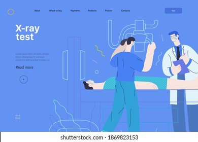 Medical tests template - x-ray test - modern flat vector concept digital illustration of x-ray procedure - a patient and doctors with a x-ray machine, medical office or laboratory