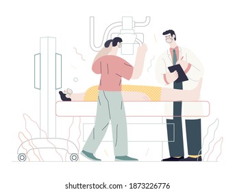 Medical tests template - x-ray test - modern flat vector concept digital illustration of x-ray procedure - a patient and doctors with a x-ray machine, medical office or laboratory