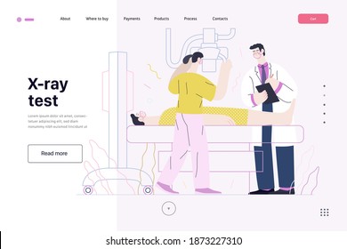 Medical tests template - x-ray test - modern flat vector concept digital illustration of x-ray procedure - a patient and doctors with a x-ray machine, medical office or laboratory