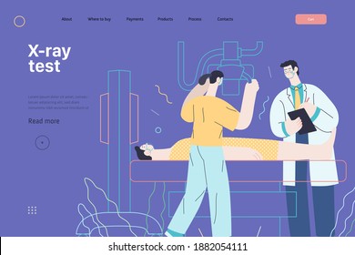 Medical tests template - x-ray test - modern flat vector concept digital illustration of x-ray procedure - a patient and doctors with a x-ray machine, medical office or laboratory