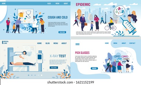 Medical Tests and Treatment Methods Landing Page Set. Cold, Flu and Infection with Cough Symptom. Protection from Epidemic. X-Ray Test and Pick Glasses Procedure. Vector Cartoon Illustration