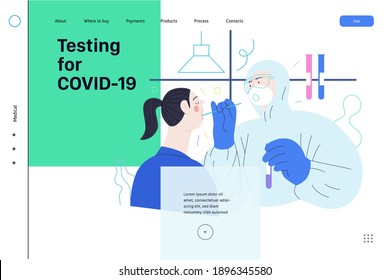 Medical tests web template - testing for COVID-19 - modern flat vector illustration of coronavirus test procedure - a patient and doctor wearing protective suit and respirator, the medical laboratory