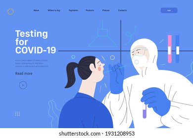Medical tests web template - testing for COVID-19 - modern flat vector illustration of coronavirus test procedure - a patient and doctor wearing protective suit and respirator, the medical laboratory