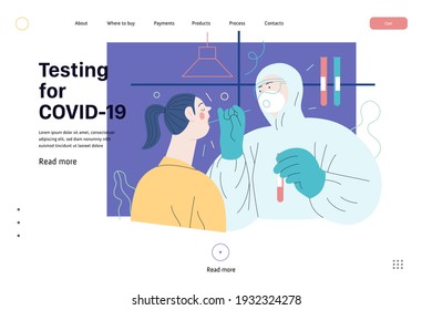Medical tests web template - testing for COVID-19 - modern flat vector illustration of coronavirus test procedure - a patient and doctor wearing protective suit and respirator, the medical laboratory