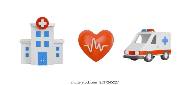 Conjunto de iconos de estilo plástico de dibujos animados 3D tema médico. Corazón realista con línea de pulso, edificio del hospital y coche de ambulancia. Ayuda de prueba de urgencia, atención médica, colección del servicio de emergencia