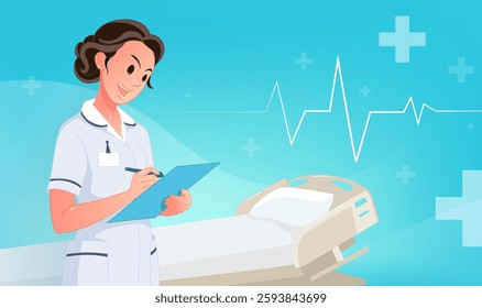 Medical theme horizontal edition illustrated cartoon female nurse and hospital bed