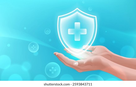 Medical theme horizontal illustrations holding protective shields in both hands