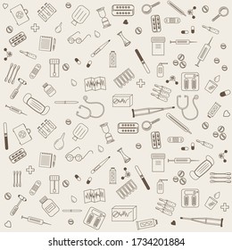 medical theme pattern, brown outline on a beige background, vector illustration, design