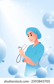 Medical theme vertical illustrations of a female doctor holding a stethoscope