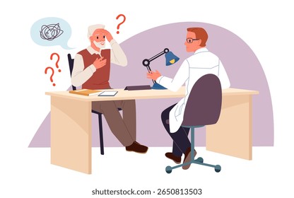 Terapia médica para idosos com demência, diagnóstico de Alzheimer. Sênior confuso falando com o médico sobre problema de memória, ajuda profissional para idoso paciente desenho animado vetor ilustração