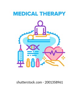 Medical Therapy Vector Icon Concept. Medical Therapy And Vaccination For Health Care And Disease Treatment. Masseur Massaging Client And Doctor Therapist Treat Patient Color Illustration