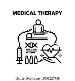 Medical Therapy Vector Icon Concept. Medical Therapy And Vaccination For Health Care And Disease Treatment. Masseur Massaging Client And Doctor Therapist Treat Patient Black Illustration