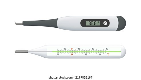 Medical thermometer. Digital and mercury meter. Realistic electronic thermometer for fever. Scale temperature celsius for measurement of body with degree. Tool for healthcare. Vector.