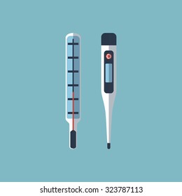 medical thermometer, digital, mercury thermometer. vector illustration. flat icon design.