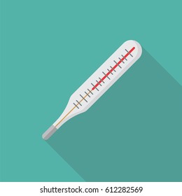 Medical thermometer flat icon with long shadow isolated on blue background. Medical devices in flat style, vector illustration.