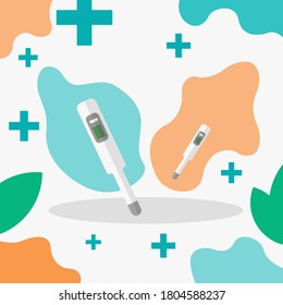 Medical thermometer flat vector illustration template for medicine or pharmacy on liquid fluid background. Eps 10 vector
