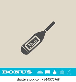 Medical thermometer icon flat. Grey pictogram on light background. Vector illustration symbol and bonus button real estate, ottoman, vase, tv, fishing rod
