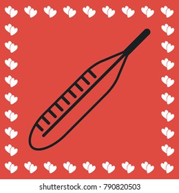 Medical thermometer icon flat. Simple black pictogram on red background with white hearts for valentines day. Vector illustration symbol