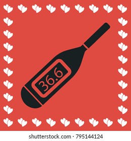 Medical thermometer icon flat. Simple black pictogram on red background with white hearts for valentines day. Vector illustration symbol
