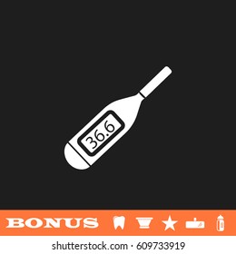 Medical thermometer icon flat. White pictogram on black background. Vector illustration symbol and bonus button tooth, vase, star, mirror, bottle