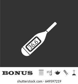 Medical thermometer icon flat. White pictogram on black background. Vector illustration symbol and bonus icons