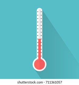 Medical thermometer icon with long shadow. Flat design style. Medical thermometer silhouette. Simple icon. Modern flat icon in stylish colors. Web site page and mobile app design element.