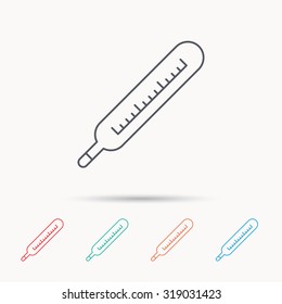 Medical thermometer icon. Temperature measurement sign. Health diagnostic symbol. Linear icons on white background. Vector